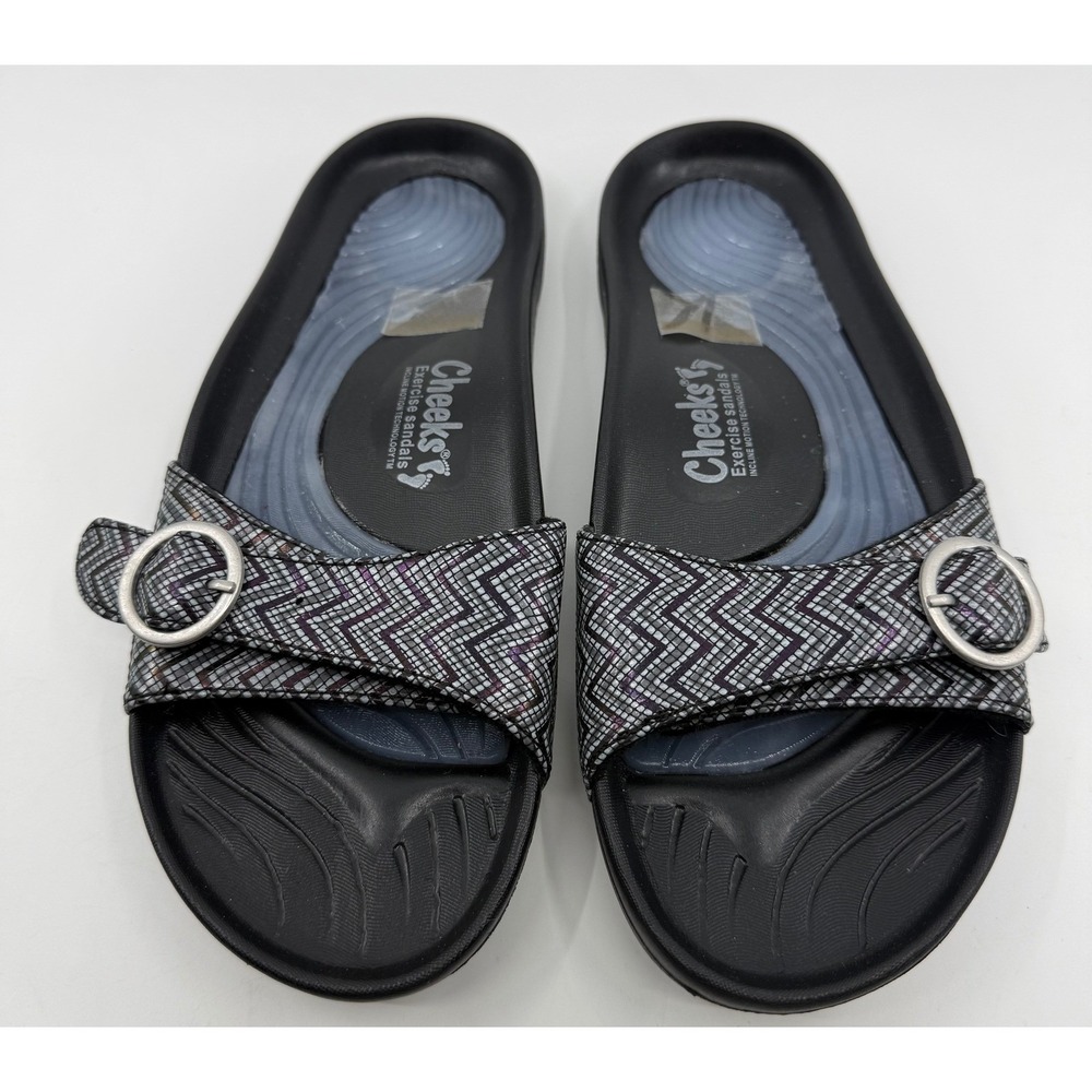 Tony Little Cheeks Exercise Sandals Black Silver Chevron Slide Women US 8
